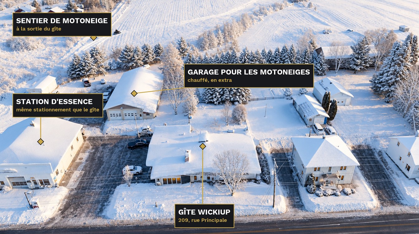 Vue aérienne de l'Hébergement Wickiup en hiver à Girardville : le gîte, la station d'essence, le garage pour les motoneiges et le sentier