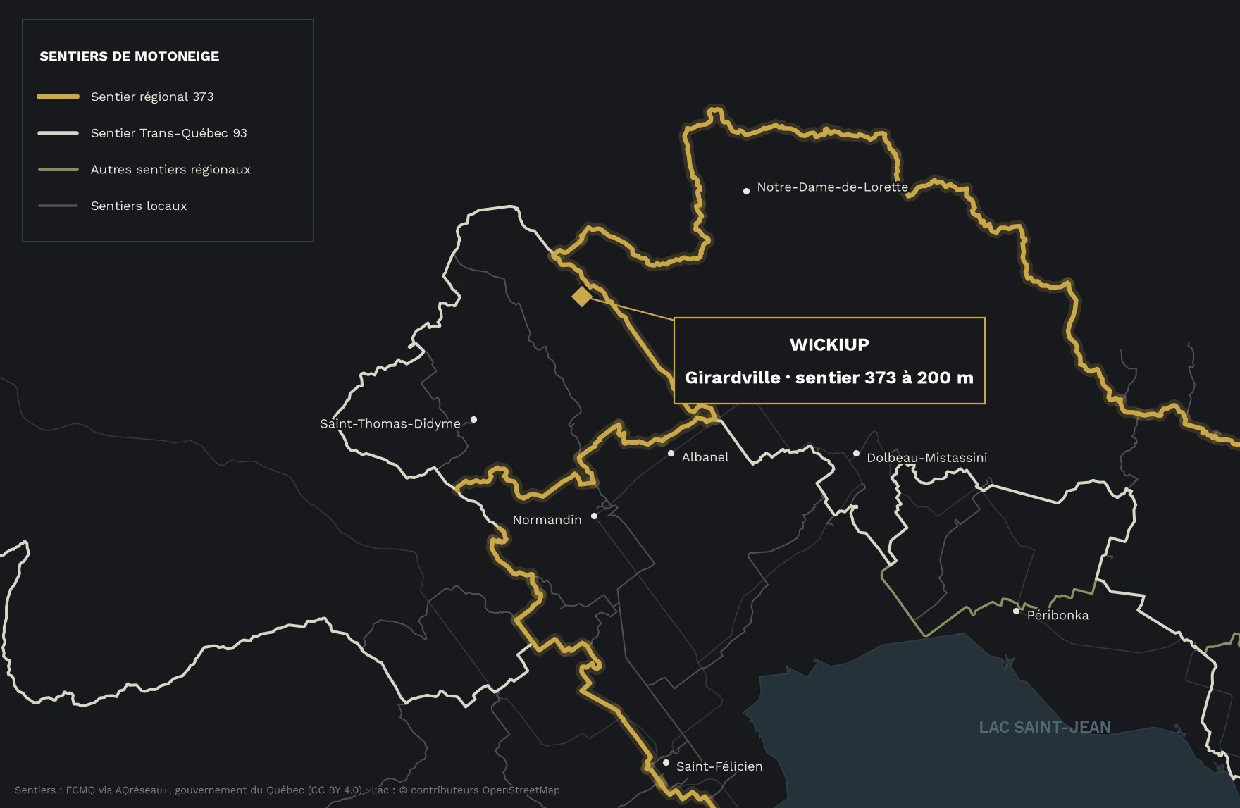 Carte des sentiers de motoneige autour de Girardville : sentier régional 373 et Trans-Québec 93, Hébergement Wickiup à 200 m du sentier